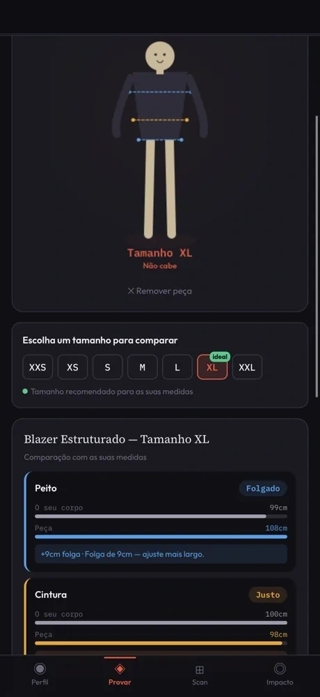 Snapshot da demo Dress ID com recomendação de tamanho e análise de ajuste